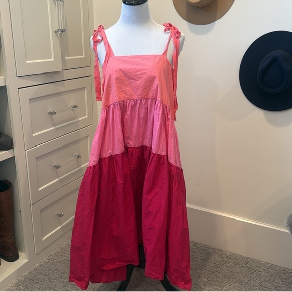 Peter Som Collective color block three tier ribbon strap pink Midi Dress - Picture 4 of 12